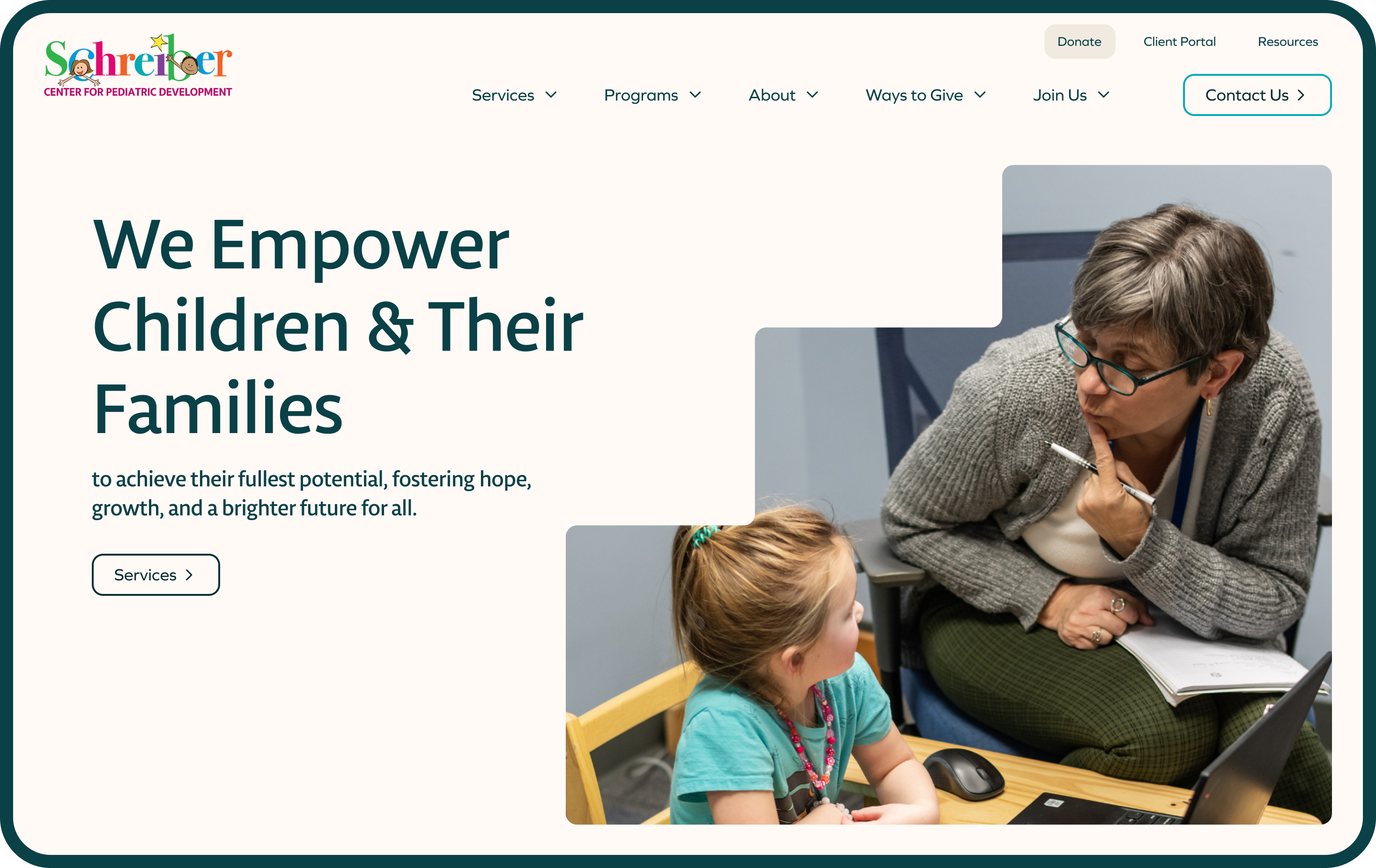 The Schreiber Center website home page hero with text and adult and child image.
