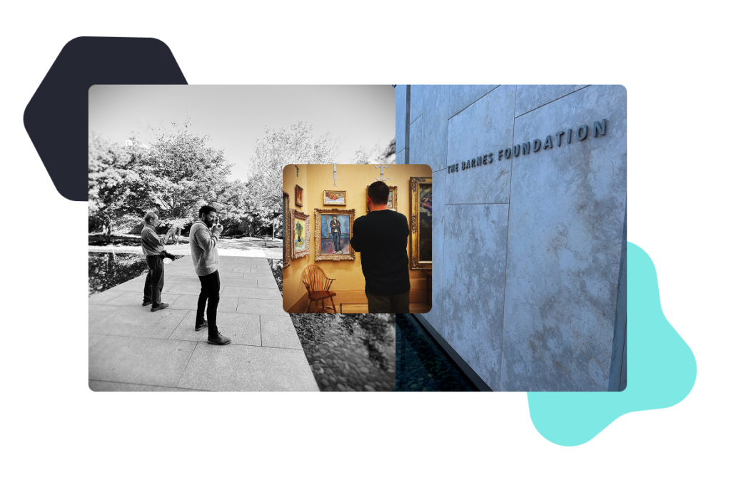 A collage of three images from the Barnes Foundation showcasing galleries and building architecture. 