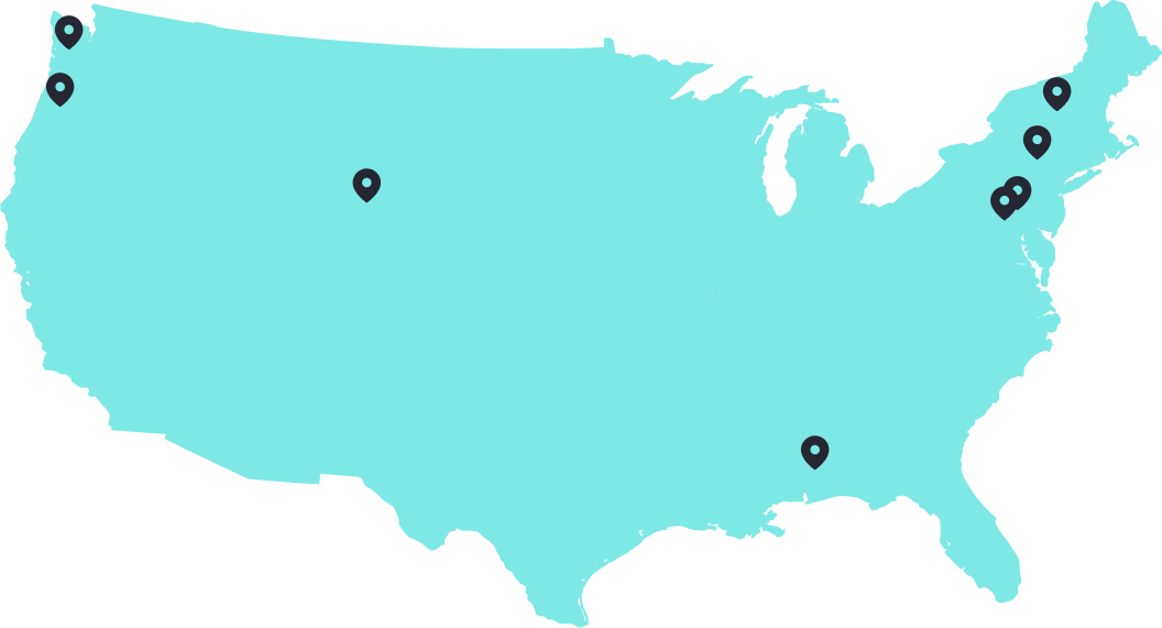 Map of the United States in a neon light blue with the states: Alabama, New York, Oregon, Pennsylvania, Vermont, Wisconsin, Colorado, and Washington marked with Mile6 markers indicating where all team members are located.
