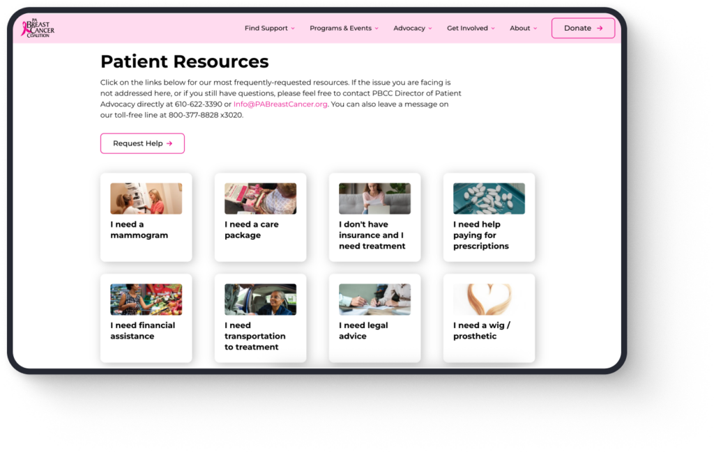 A mockup of the PBCC website Patient Resources