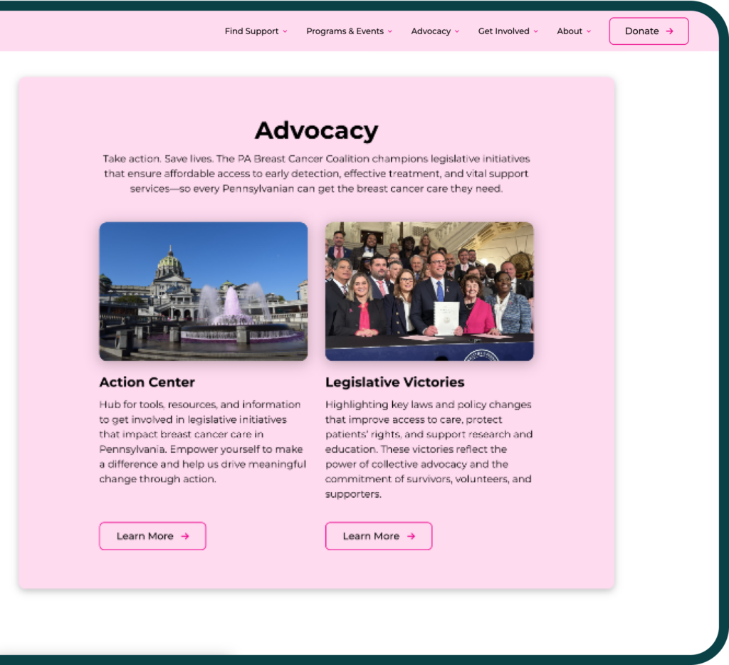 Mockup of the PBBC desktop website featuring a zoomed in look at the Advocacy section on home page