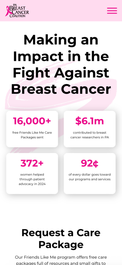 Mobile mockup of PBCC website page featuring impact stats