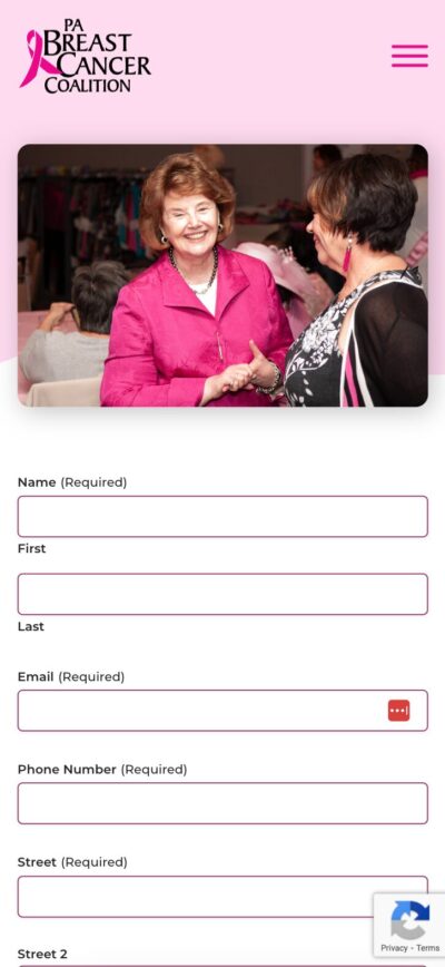 Mobile mockup of PBCC website page showing a form