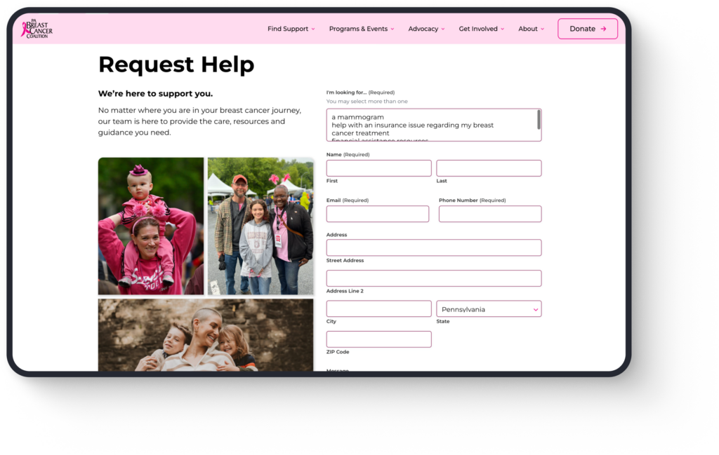 Mockup of the PBCC desktop website featuring the request help form