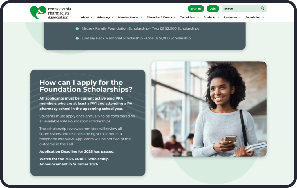 Desktop mockup of the member benefits page on the PPA website.