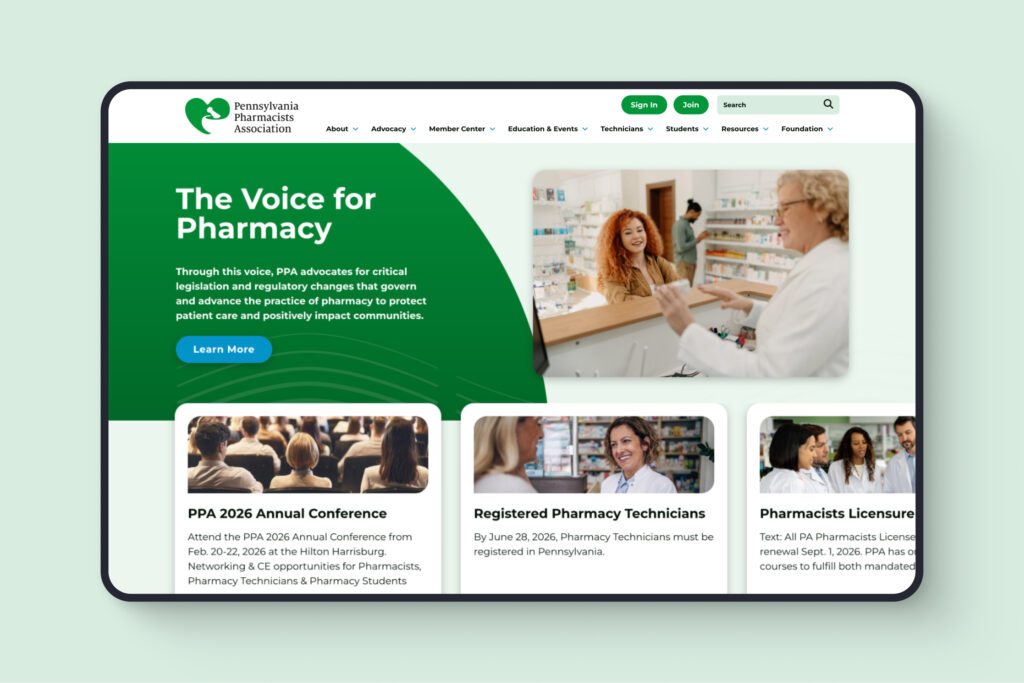 Desktop mockup of the PPA website homepage on a light green background.