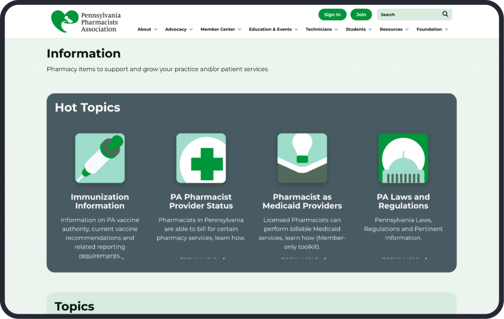 Desktop mockup of the hot topics section on the Resources page of the PPA website.