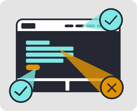 Icon representing likes and dislikes: a dark-themed browser window with two teal checkmark circles on the left and top-right, and one orange X circle on the bottom-right, connected by diagonal lines pointing to different areas of the screen.