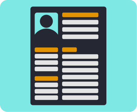 Icon representing a user persona document: a dark card layout with a profile silhouette in the top-left, orange header bars, and rows of grey text lines arranged in two columns, on a teal background.