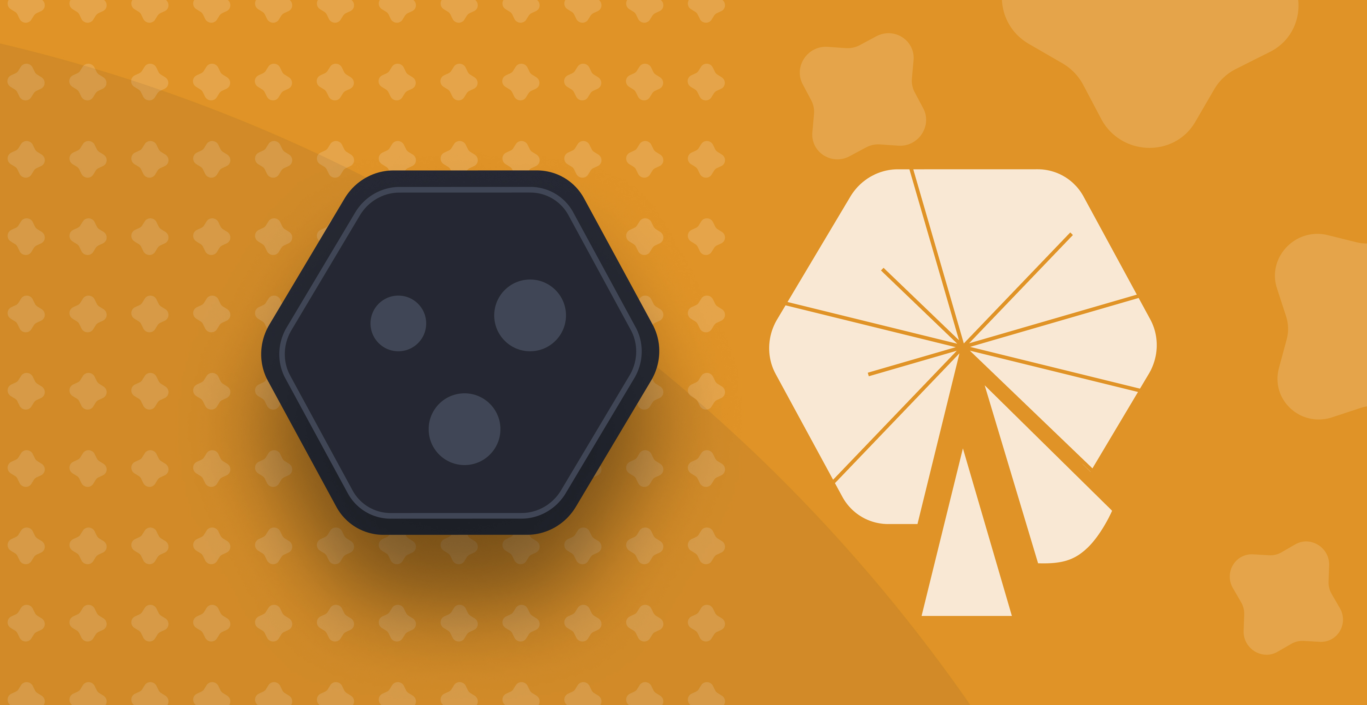 Two hexagonal logo shapes side by side on an orange background: a dark navy hexagon with three dots suggesting an established logo, and a cream hexagon falling apart, suggesting an logo that didn't hit the mark.