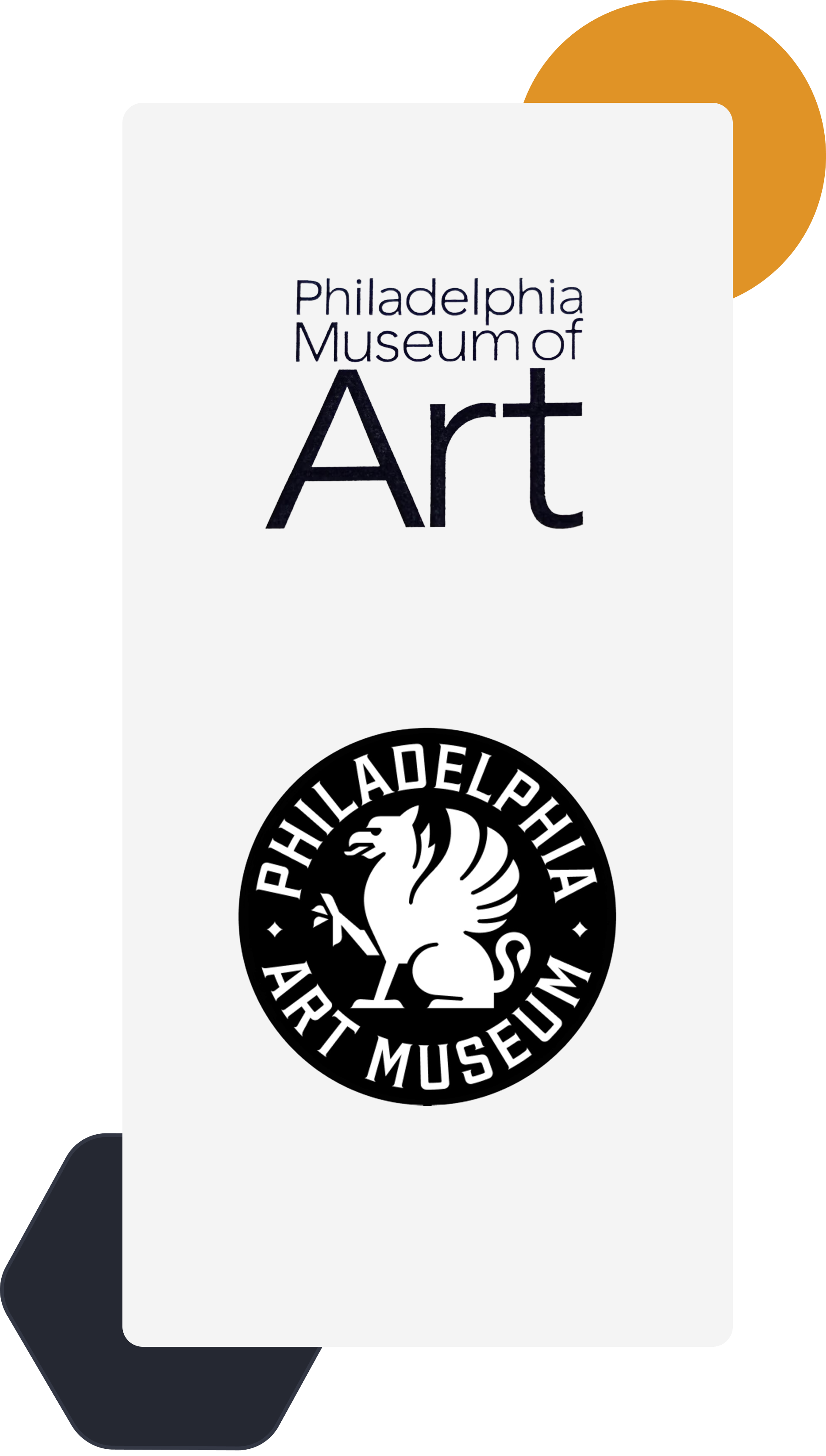 Before and after logos for the Philadelphia Museum of Art: the newer wordmark with large stylized 'Art' typography above the classic circular seal featuring a griffin and the text 'Philadelphia Art Museum.