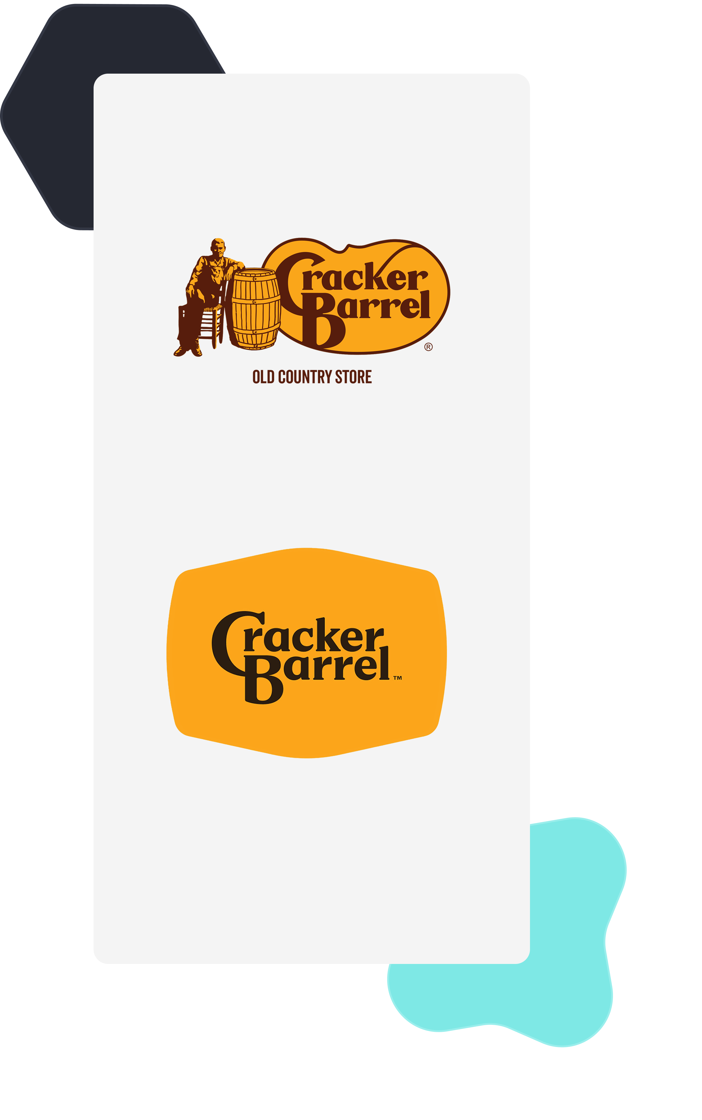 Before and after logos for Cracker Barrel Old Country Store: the classic logo featuring an illustrated man leaning on a barrel above the simplified 2022 rebrand showing only the wordmark on a bold orange rounded rectangle.