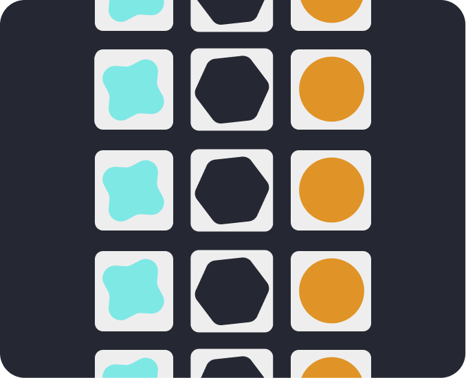 Puckered square, hexagon, and circle are organized in matching columns but they are alongside each other and working in tandem representing Integrated.