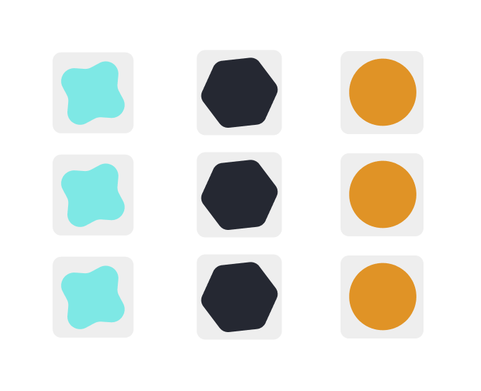 Puckered square, hexagon, and circle representing pieces of data are all separate and not working together, symbolizing Reactive.