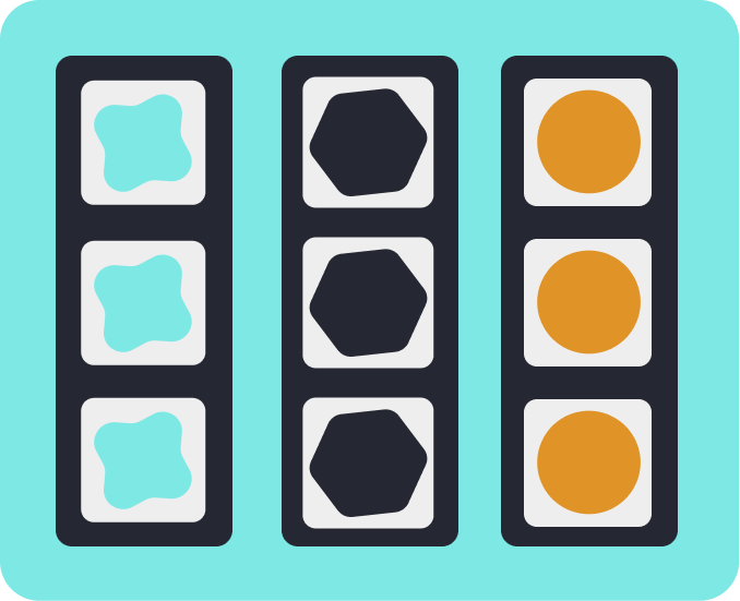 Puckered square, hexagon, and circle are all organized in matching columns, but the columns are separate from each other representing Structured.
