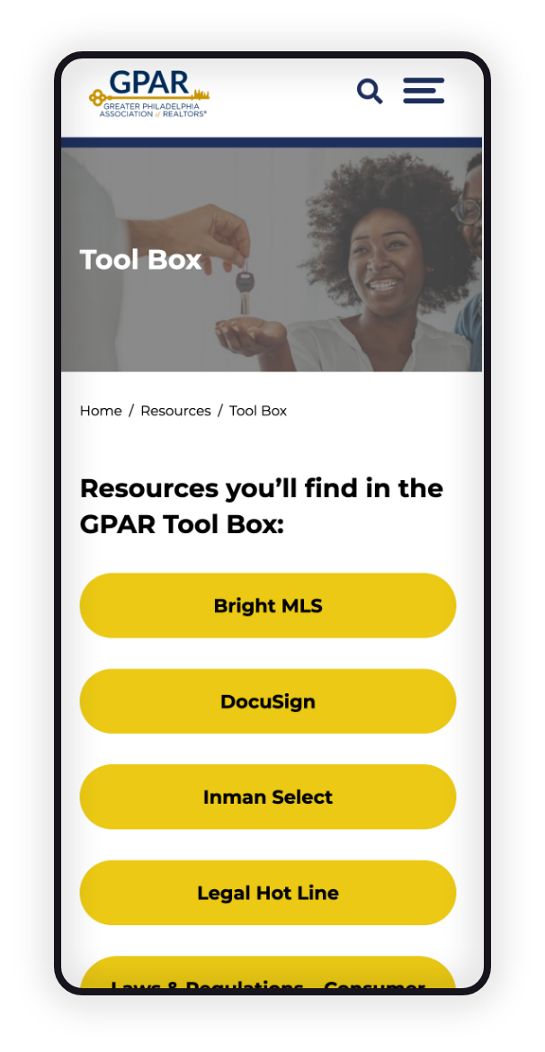 illustration of a mobile device with the GPAR tool box page on screen