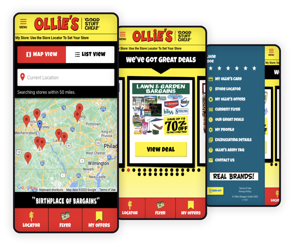 Illustration of mobile devices with Ollie's app on screens