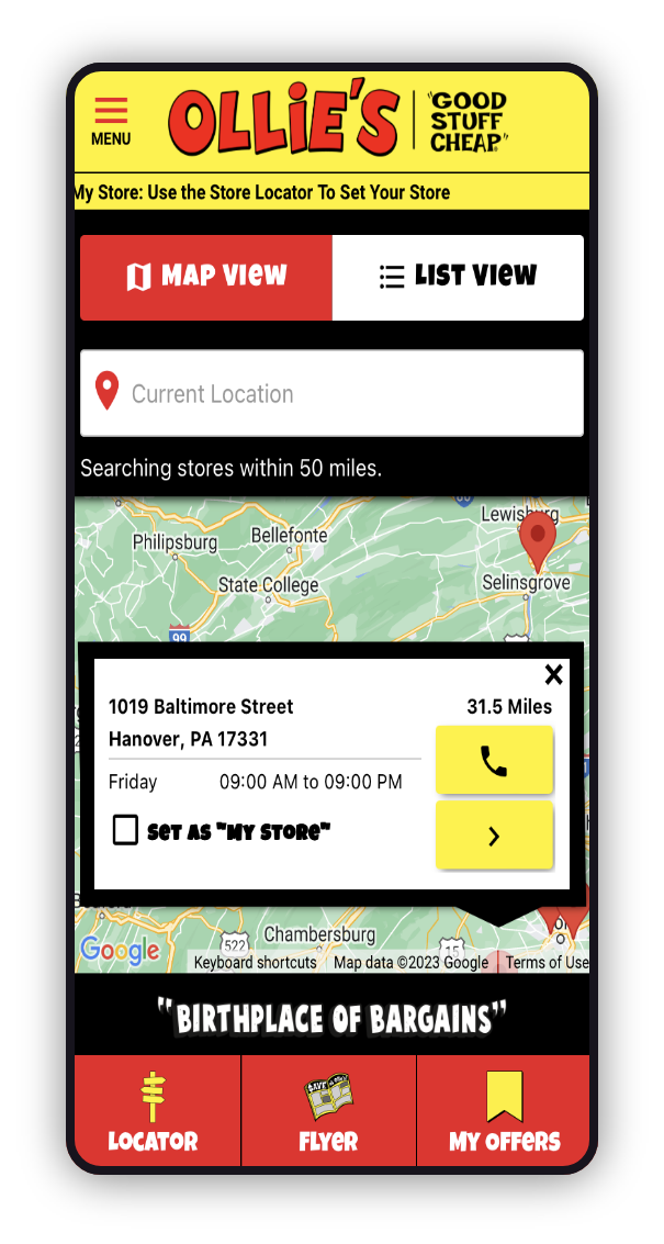 Illustration of device screen showing Ollie's app locator page