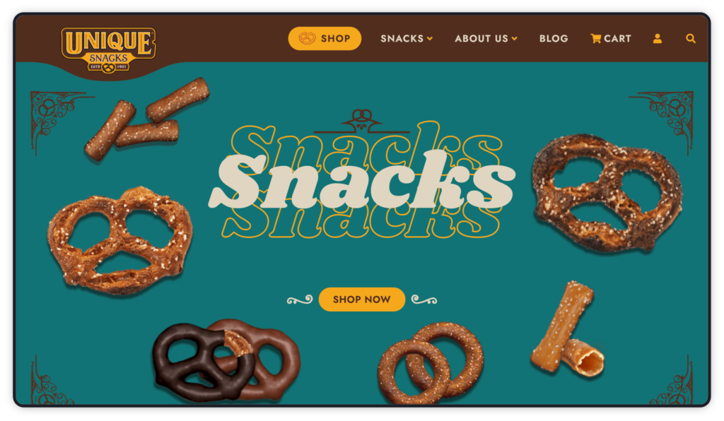 Illustration of a desktop screen of Unique Snacks home page