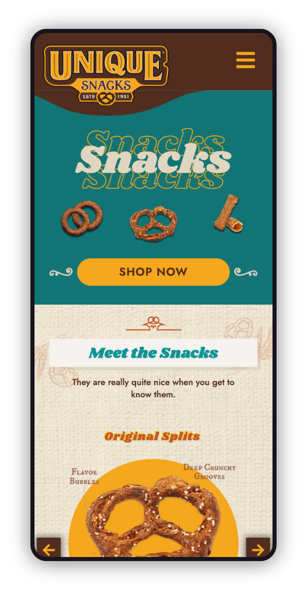 Illustration of mobile device screen showing Unique Snacks home page