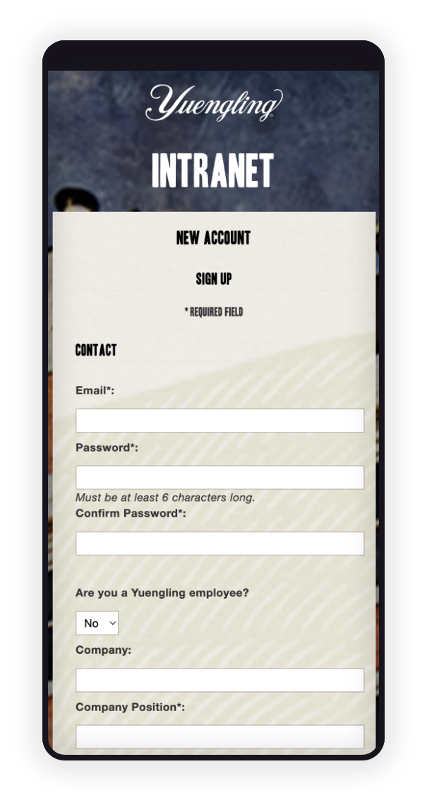 Illustration of a mobile device on the Yuengling Intranet new account sign up screen