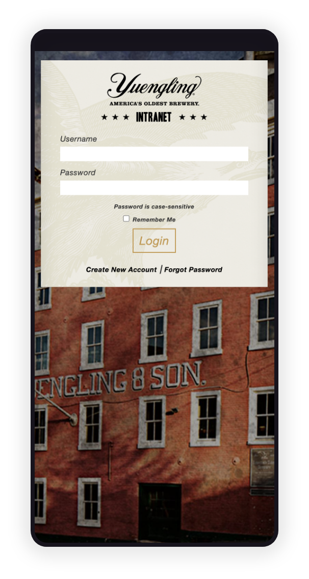 Illustration of a mobile device on the Yuengling Intranet login screen